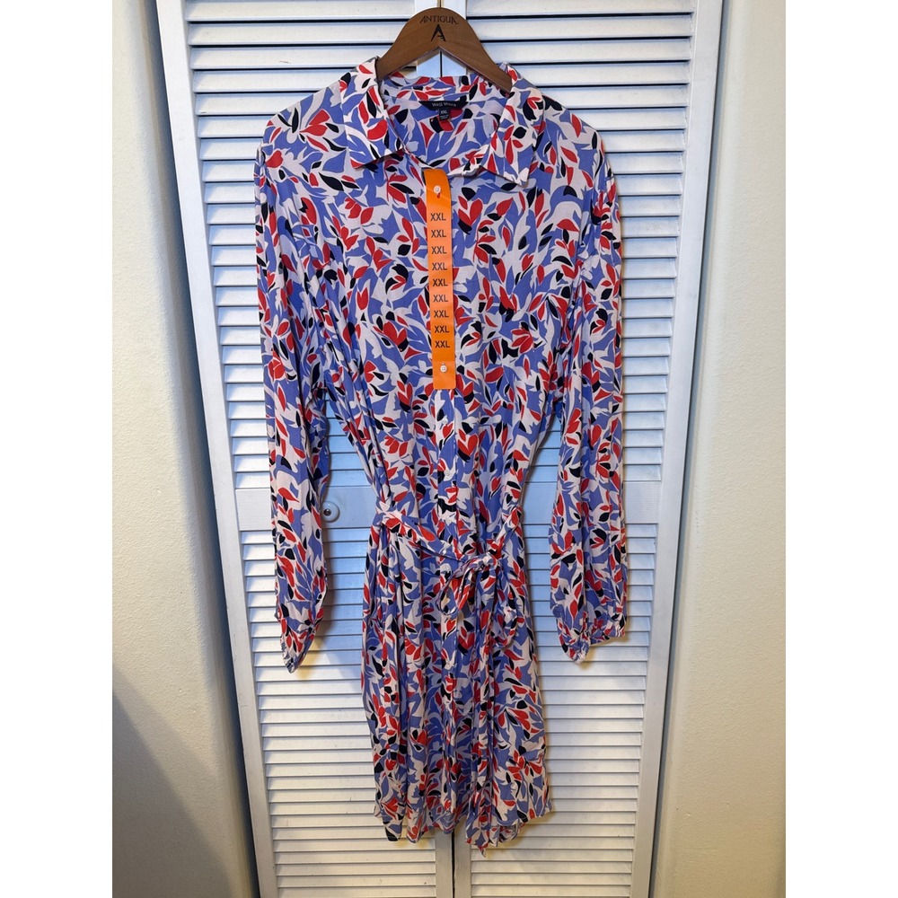 Well Worn Womens XXL Floral Shirt Dress Blue Red Long Sleeve Button Front NWT